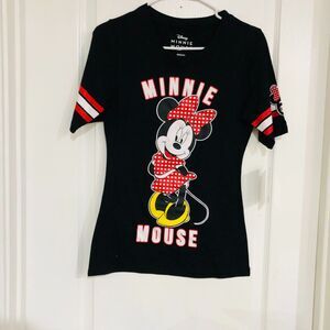 Disney Women's T-Shirt Minnie Mouse #28 Polka Dots Short Sleeve Black Medium NWT